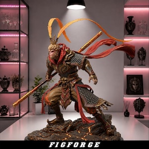 May include: A detailed Sun Wukong figurine standing on a rocky, lava-textured base. The monkey warrior wears intricate gold and dark metal armor with a red scarf, holding a long golden staff. Two long orange feathers extend from the headpiece.
