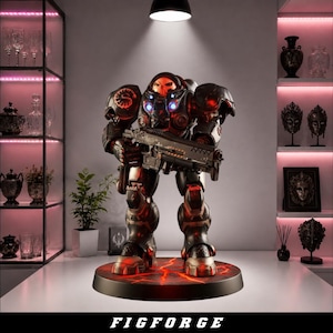 May include: A black and dark gray armored soldier figurine holding a large rifle, featuring glowing red and blue lights on the chest and helmet, standing on a circular base with a cracked, glowing red lava-like pattern and the text FIGFORGE.
