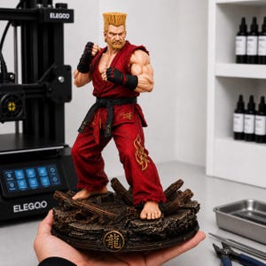 May include: A detailed figurine of a blonde man with a flat-top haircut and beard, wearing a red martial arts gi with a black belt and black fingerless gloves. The figure stands on a dark, textured base with debris and a gold kanji symbol.