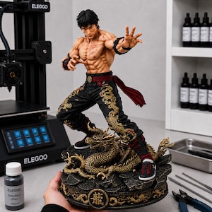 May include: A detailed figurine of a muscular martial artist in a combat stance, wearing black pants with gold dragon embroidery and a red sash. The figure stands on a textured base featuring a golden dragon sculpture and the Chinese character for dragon.