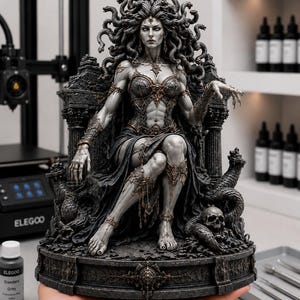 Pode incluir: Uma estatueta detalhada de resina cinzenta da Medusa sentada num trono ornamentado. A figura apresenta serpentes como cabelo, armadura intrincada e uma saia fluida. A base é circular e decorada com motivos de caveira e serpentes enroladas.