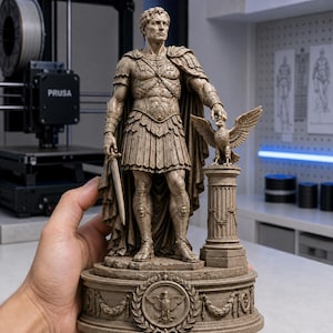 May include: A beige, stone-textured figurine of a Roman general in armor, holding a sword in one hand and resting the other on an eagle perched atop a column. The circular base features a relief of an eagle surrounded by a laurel wreath.