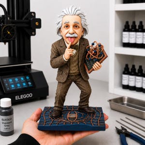 May include: A figurine of Albert Einstein with white hair and a mustache, wearing a brown suit and bowtie, holding a small chalkboard with an atom model. The figure stands on a blue base with a copper-colored web pattern and has a finger to the lips.