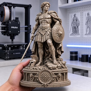 May include: A beige monochromatic figurine of a warrior in ancient armor, holding a sword and a round shield. The figure stands on a circular base featuring a central star emblem and lion reliefs, with a detached helmet resting on the rocky ground.