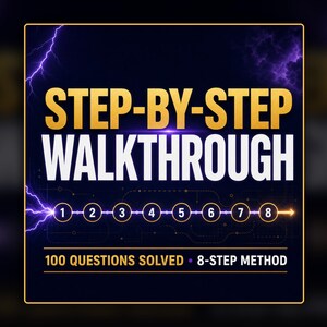 May include: A square graphic with a dark background featuring purple lightning and the text STEP-BY-STEP WALKTHROUGH in gold and white. A horizontal line shows numbers one through eight, and the bottom text reads 100 QUESTIONS SOLVED 8-STEP METHOD.