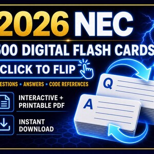 Fiches numériques interactives NEC 500 (2026), jeu de révision pour l'examen d'électricien (PDF imprimable), format PDF.