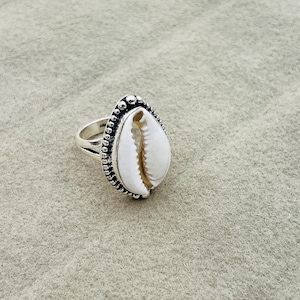 Könnte beinhalten: Ein Silberring mit einer weißen Kaurischnecke in der Mitte. Die Schnecke ist von einem dekorativen, perlenartigen Silberrand umgeben. Die Ringschiene besteht aus poliertem Silber und hat ein geteiltes Design an der Fassung.