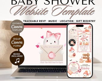May include: A digital baby shower website template displayed on a laptop and smartphone screen. The design features a cute ghost with a pink bow, an envelope with a wax seal, and text including BABY SHOWER Website Template, A LITTLE BOO, and VIEW LOCATION.