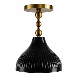 May include: A ceiling light fixture featuring a glossy black, ribbed, bell-shaped shade suspended from a brass-toned metal mount. The mounting hardware includes a circular canopy and a vertical stem accented with two spherical brass-toned spheres.