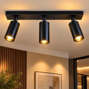 Può includere: Una lampada da soffitto nero opaco con una piastra di base rettangolare e tre faretti cilindrici. Ogni faretto è regolabile ed emette una luce calda e focalizzata, fornendo un'illuminazione direzionale dal supporto a soffitto.