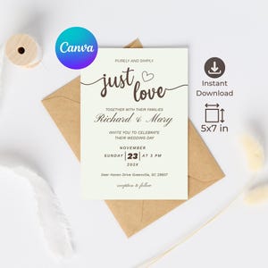 May include: A rectangular wedding invitation card measuring 5x7 inches with dark brown text on a cream background. The text reads: PURELY AND SIMPLY just love TOGETHER WITH THEIR FAMILIES Richard & Mary INVITE YOU TO CELEBRATE THEIR WEDDING DAY.