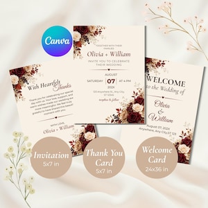 May include: A wedding stationery set featuring an invitation, a thank you card, and a welcome card on cream paper. Each card displays dark red and beige floral arrangements, black text, and the names Olivia and William. The invitation is 5x7 inches, the thank you card is 5x7 inches, and the welcome card is 24x36 inches.