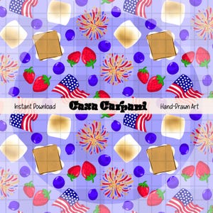 May include: A digital pattern featuring a light purple grid background with repeating illustrations of American flags, red strawberries, blue blueberries, white marshmallows, and brown graham crackers, with the text Casa Carpani.