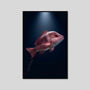 May include: A red snapper fish swimming in dark blue water, illuminated by a single light source from above. The fish has distinct scales, a prominent dorsal fin, and a visible eye, with small bubbles trailing from its tail into the deep water.