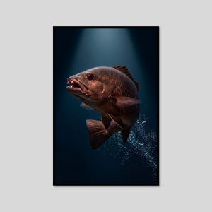 May include: A dark brown fish with sharp, visible teeth swimming upwards through deep blue water. The fish is illuminated by a single light source from above, creating a dramatic effect with small bubbles trailing behind its body in the dark.