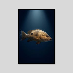 May include: A golden-brown fish with a prominent black spot on its side, swimming in deep blue water. The fish is illuminated from above, highlighting its textured scales and fins, while the tail fin shows a subtle blue-tinted motion effect.