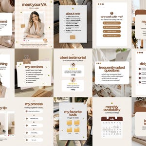 Può includere: Una collezione di quindici modelli per social media con una tavolozza di colori neutri beige e marrone. Ogni modello include intestazioni come annuncio, chi sono, servizi, testimonianze e disponibilità mensile con del testo.