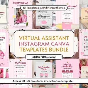 Könnte beinhalten: Eine Sammlung digitaler Instagram-Vorlagen für virtuelle Assistenten mit rosa-weiß gestreiften Hintergründen, goldenen Sternakzenten und Textüberschriften wie Announcement, Ask Me Anything, Myth vs Fact und My Process.