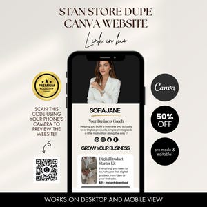 May include: A smartphone displaying a Canva website template titled Stan Store Dupe. The screen shows a business coach profile for Sofia Jane, a QR code for previewing, and circular icons for Canva, 50% off, and pre-made and editable features.