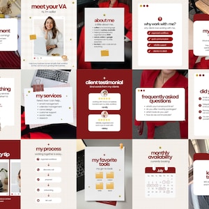 May include: A collection of fifteen social media templates featuring a consistent design with a white background, dark red text, and gold accents. The templates include headings such as announcement, meet your VA, about me, why work with me, myth vs fact, ask me anything, my services, client testimonial, frequently asked questions, did you know, productivity tip, my process, my favorite tools, monthly availability, and let's work together.