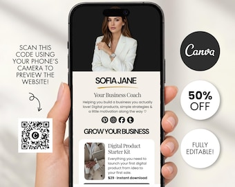 May include: A smartphone displaying a Canva website template titled Stan Store Dupe. The screen shows a profile for Sofia Jane, a business coach, with social media icons, a digital product starter kit, and a QR code for previewing the site.
