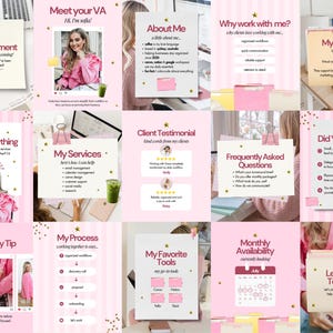 May include: A collection of fifteen social media templates featuring a light pink and white striped background with gold star accents. The templates include text headings such as Meet your VA, About Me, My Services, Client Testimonial, and My Process.