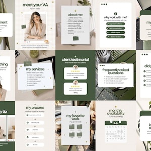 May include: A collection of fifteen social media templates for a virtual assistant, featuring a cohesive olive green and cream color palette. The designs include text headers like announcement, about me, my services, client testimonial, and monthly availability.