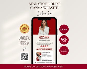 May include: A smartphone displaying a Canva website template titled Stan Store Dupe. The screen shows a profile for Sofia Jane, a business coach, with social media icons, a digital product starter kit, and a QR code for previewing the website.