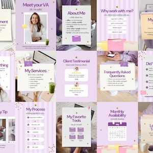 Op de afbeelding: Een collectie van twaalf digitale social media sjablonen met een lichtpaarse en witte gestreepte achtergrond en gouden steraccenten. Elk sjabloon bevat tekstkoppen zoals Announcement, About Me, My Services en Client Testimonial, ontworpen voor een virtuele assistent-onderneming met een professionele en georganiseerde lay-out.