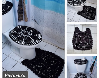 Crochet Toilet Mat, Toilet Tank Lid and Seat Covers, Bathroom Rug, Crochet Pedestal Mat for Toilet - black (CTM1B, TSC29QQ or TTL29QQ)