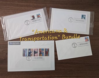 Vintage USPS FDC Collection, Americana & Transportation Set, All Aboard Trains Strip, Woody Wagon, Snowy Egret, Flag Over Porch, 1 Set Left