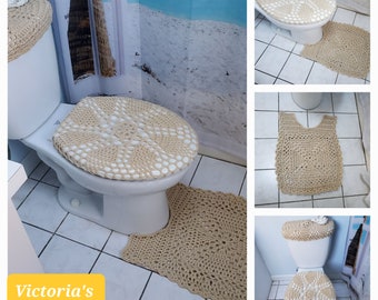 Crochet Toilet Mat, Toilet Tank Lid and Seat Covers, Bathroom Rug, Crochet Pedestal Mat for Toilet - cream (CTM1A or TTL29H or TSC29H)