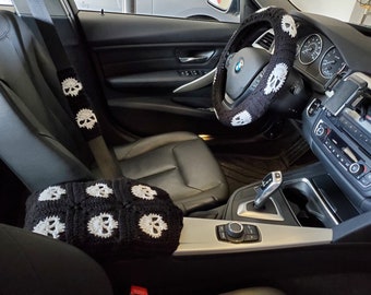 Skull Steering Wheel Cover, Skull Seat Belt Cover, Skull Center Console Cover, Skull Seat Headrest Cover, Halloween Decor- black/white