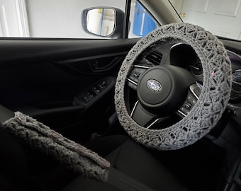 Steering Wheel Cover, Seat Belt Cover, Crochet Steering Wheel Cover, Car Accessories -  grey heather - CSWC 01B or CSBC5H