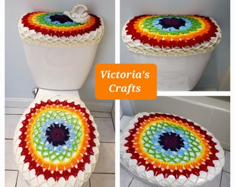 Crochet Toilet Tank Lid Cover or Toilet Seat Cover, Rainbow Toilet Seat and Tank Lid Covers, Bathroom Decor- 8 colors (TTL35A or TSC35A)