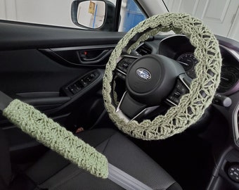 Steering Wheel Cover, Seat Belt Cover, Crochet Steering Wheel Cover, Steering Wheel Cozy - frosty green (CSWC 12I or CSBC5F)