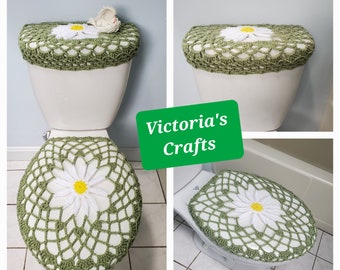Daisy Toilet Tank Lid Cover or Toilet Seat Cover, Crochet Toilet Cover, Bathroom decor - frosty green/white/bright yellow (TTL38A or TSC38A)