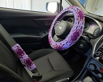 Crochet Steering Wheel Cover, Seat belt cover, Granny Square Steering Wheel Cover - dark orchid/medium purple/lilac (CGSSWC/CGSCSBC2A)