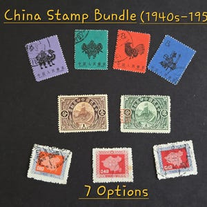 May include: A collection of vintage Chinese stamps from the 1940s-1959, featuring various designs and colors. The stamps include images of animals, buildings, and Chinese characters. The text "China Stamp Bundle (1940s-1959)" and "7 Options" are visible.