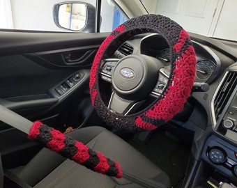 Steering Wheel Cover, Seat Belt Cover, Crochet Steering Wheel Cover, Car Accessories -black/wine-CSWC02F or CSBC5M