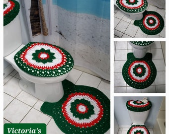 Crochet Toilet Mat, Toilet Tank Lid and Seat Covers, Round Bathroom Rug- cherry red/green/white (CTM2C, TSC17L or TTL17L)