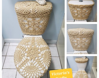 Crochet Toilet Tank Wrap, Tank Lid Cover or Toilet Seat Cover Bathroom accessories- cream (TTW2A, TLL33H, TSC33H)