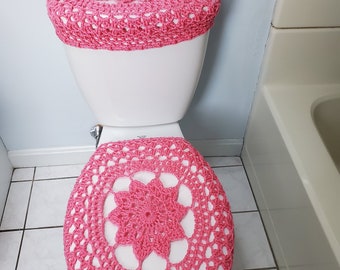 Set of Crochet Toilet Seat Cover and Tank Lid Cover - perfect pink (TTLTSC17P)