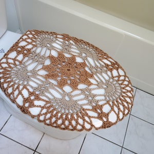 Crochet Toilet Tank Wrap, Tank Lid Cover or Toilet Seat Cover camel/mushroom TTW2B, TLL33G, TSC33G toilet seat cover