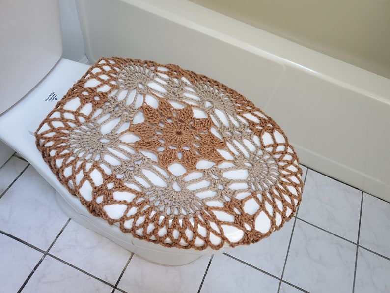 Crochet Toilet Tank Wrap, Tank Lid Cover or Toilet Seat Cover camel/mushroom TTW2B, TLL33G, TSC33G toilet seat cover