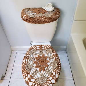 Crochet Toilet Tank Wrap, Tank Lid Cover or Toilet Seat Cover camel/mushroom TTW2B, TLL33G, TSC33G a set of two