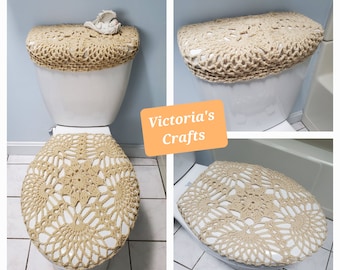 Crochet Toilet Tank Lid Cover or Crochet Toilet Seat Cover, bathroom accessories, toilet set - cream (TTL33H or TSC33H)