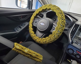 Crochet Steering Wheel Cover, Seat Belt Cover, Steering Wheel Cover, Car Accessories  - olive green - CSWC 12NN or CSBC5O