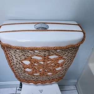 Crochet Toilet Tank Wrap, Tank Lid Cover or Toilet Seat Cover camel/mushroom TTW2B, TLL33G, TSC33G tank wrap