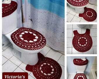 Crochet Decorative Toilet Mat, Toilet Tank Lid and Seat Covers, Bathroom Rug, Round Pedestal Mat - wine (CTM3A, TTL30C or TSC30C)